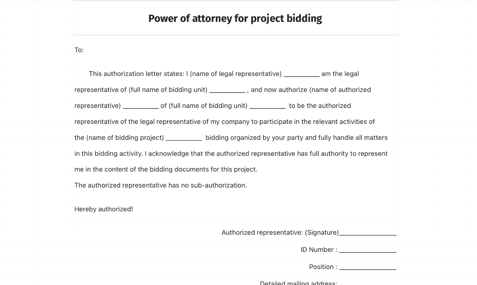 Power of attorney for project bidding